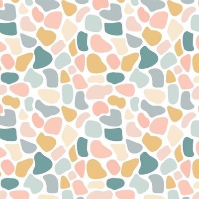 Абстрактный принт с цветными округлыми камушками на белом фоне. Пятна пастельного цвета