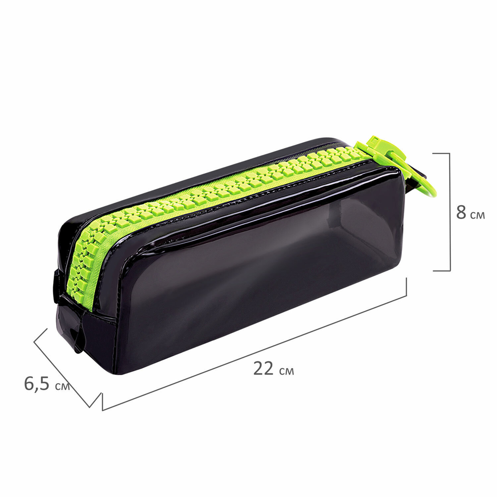 Пенал BRAUBERG с объемной "тракторной" молнией 1 отделение ПВХ 22х8х6 5 см "Neon green" (2 штуки в упаковке)
