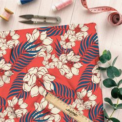 Ткань атлас пёстрый рисунок с белым цветком