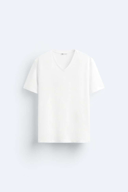 ZARA БАЗОВАЯ ФУТБОЛКА С V-ОБРАЗНЫМ ВЫРЕЗОМ, БЕЛЫЙ