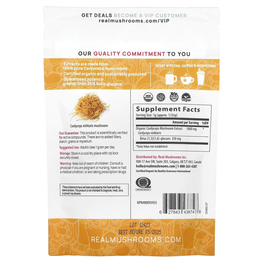 Real Mushrooms, Cordyceps-M ™, порошок экстракта органических грибов, 60 г (2,12 унции)