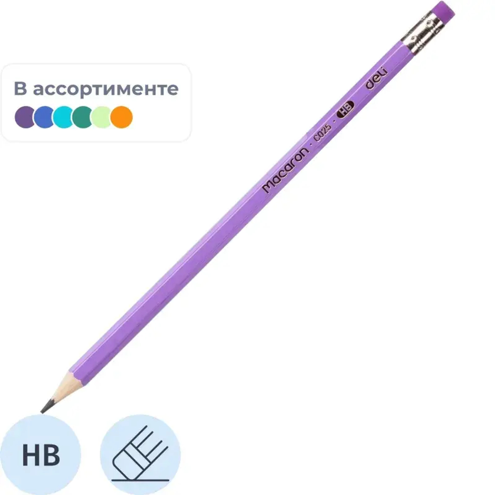 Карандаш чернографитный Deli Macaron HB деревянный с ластиком в ассортимент
