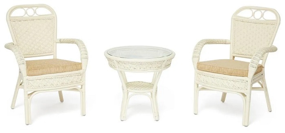 Комплект террасный ANDREA (стол кофейный со стеклом + 2 кресла + подушки) ротанг, 64х67х92см / D60х55, TCH White (белый)