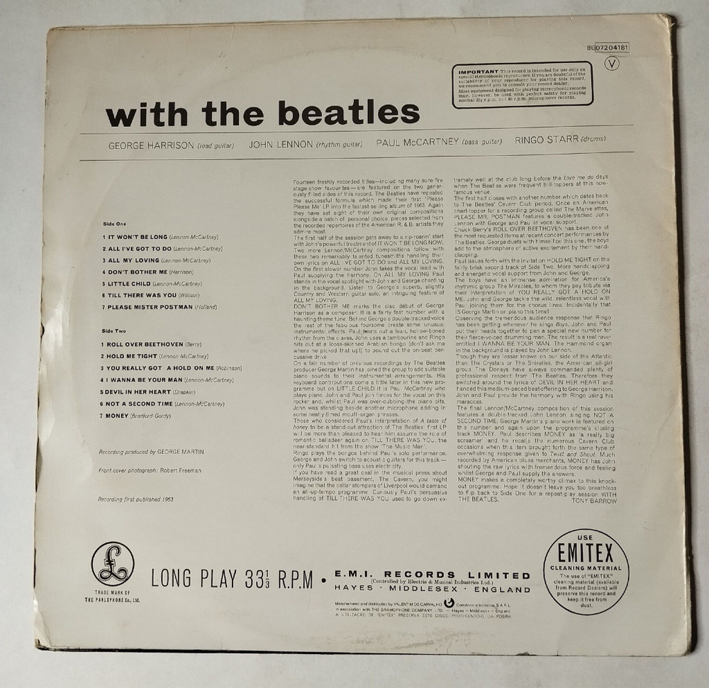 Винтажная виниловая пластинка LP With The Beatles (Portugal 1977)