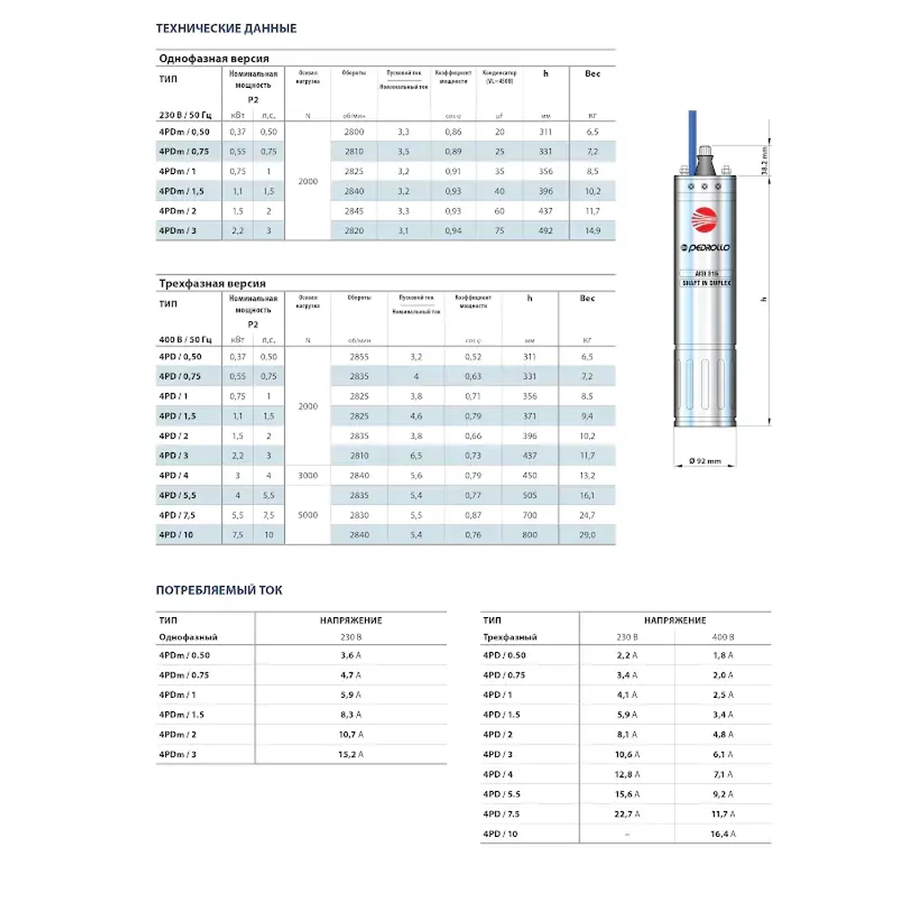 Двигатель погружной Pedrollo 4PDm 0,5, 4ZPC05A1