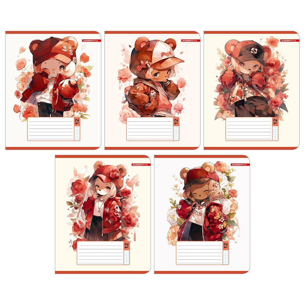 Тетрадь А5 12л клетка "С ушками" (Академия Групп) микс цветов (комплект 5 шт)