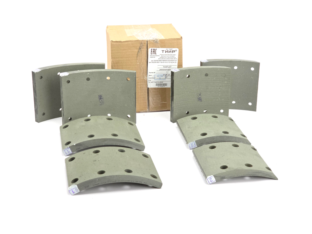 Рем. комплект тормозных накладок а/м КАМАЗ 65115, 65117, 53215 ЕВРО после 06.2013 г. (материал ТИИР-417, повышенный ресурс/ Сверл./расточенные/без заклёпки/ ширина 140мм./ к-т 4 длин. + 4 корот., 53205-3501105-01/53205-3501105-51-01 / доп. арт: 53229-3501105, 53205-3501105-51 , RU 272 HD) АО ТИИР