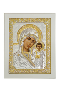 Казанская БМ, икона прямоугольная с рамкой, белое дерево 210х260