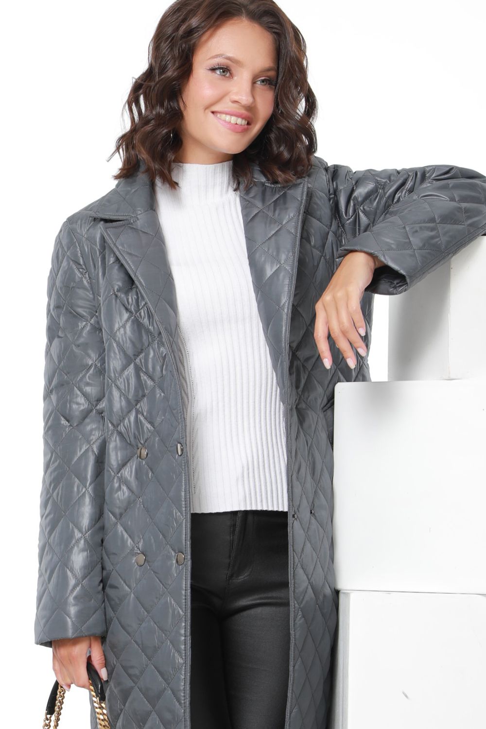 Пальто стеганое серое с поясом DStrend (Акция)