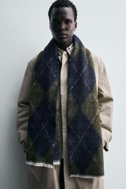 ZARA ШАРФ ИЗ ЖАККАРДА С РОМБАМИ, ЗЕЛЕНОВАТО-СИНИЙ