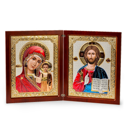 Складень, Казанская БМ, Молитва, икона прямоугольная, красное дерево, эмаль 260x420