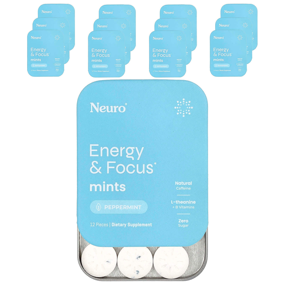 NeuroGum, мятные конфеты для энергии и концентрации, перечная мята, 12 пакетиков по 12 шт.