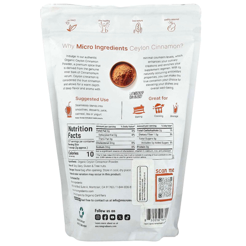 Micro Ingredients, Порошок органической цейлонской корицы, 454 г (1 фунт)