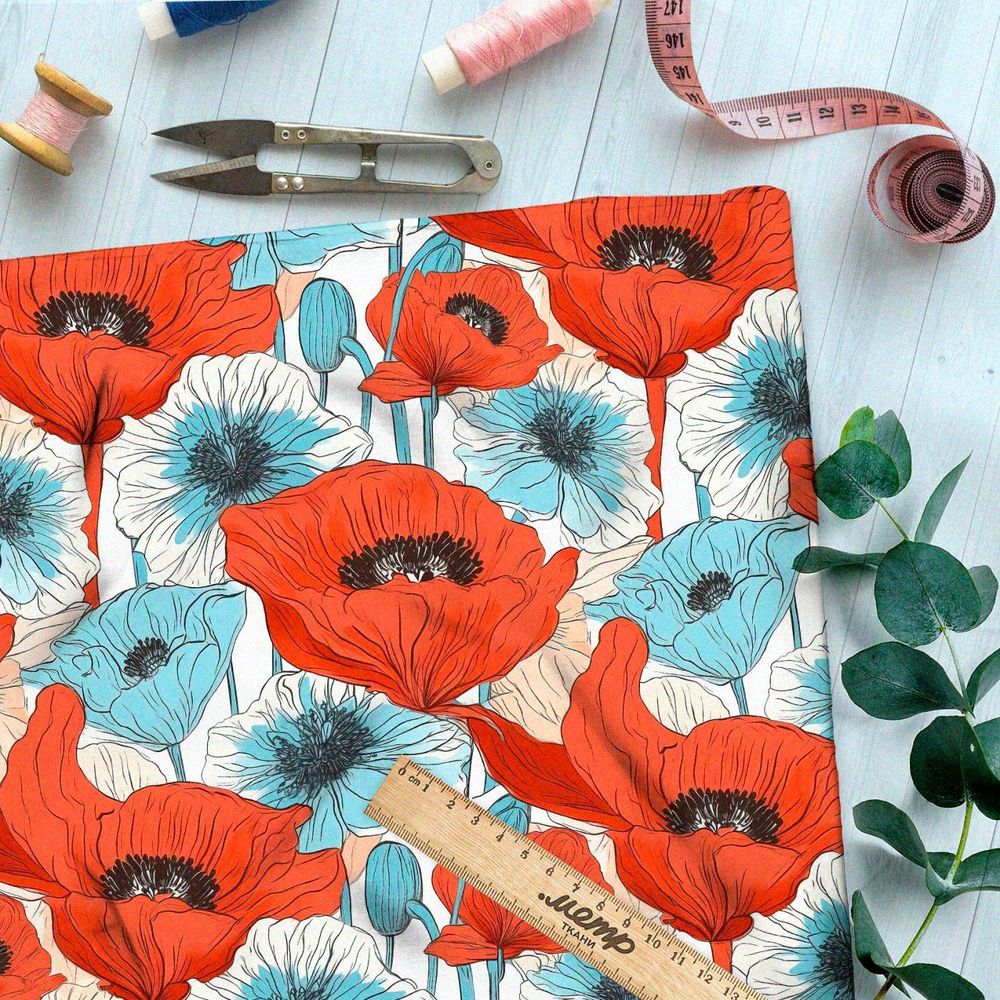 Ткань премиум габардин графические маки