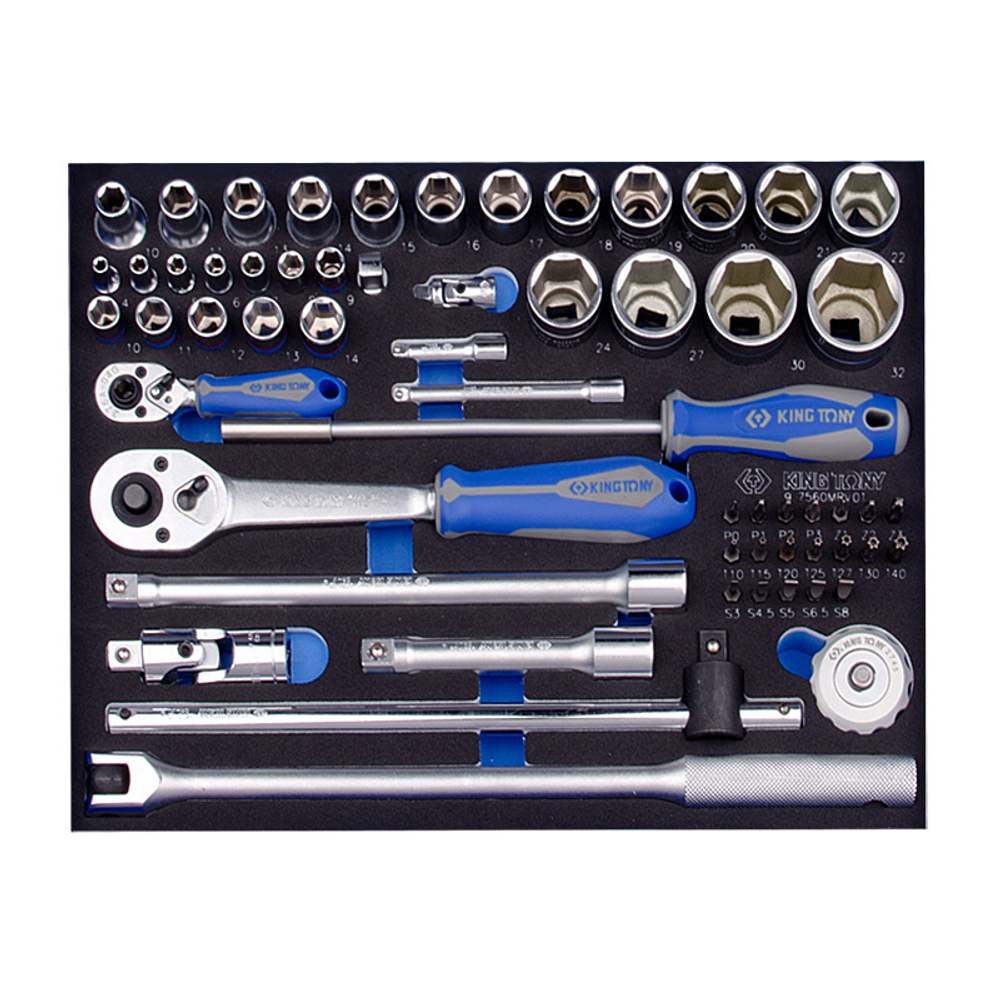 KING TONY (9-7560MRV01) Набор торцевых головок 1/4" и 1/2" с принадлежностями, ложемент, 60 предметов