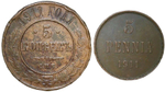 Набор медных монет 1911 (2 монеты) 5 копеек СПБ и 5 пенни (F-VF)