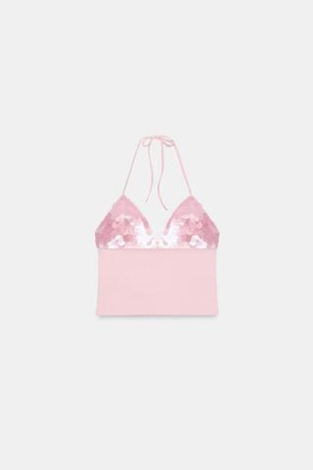 ZARA ТОП С ГОРЛОВИНОЙ ХАЛТЕР И ПАЙЕТКАМИ, ПАСТЕЛЬНО-РОЗОВЫЙ