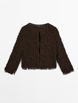 Massimo Dutti Трикотажный кардиган с бахромой , Шоколадно-коричневый