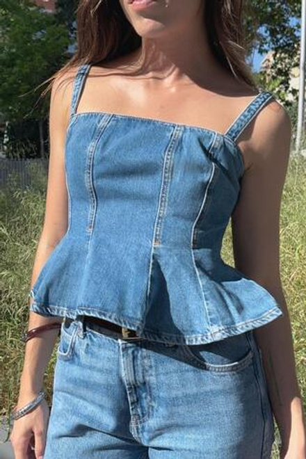 ZARA ДЖИНСОВЫЙ ТОП Z1975 НА БРЕТЕЛЯХ, ВЫЦВЕТШИЙ СИНИЙ
