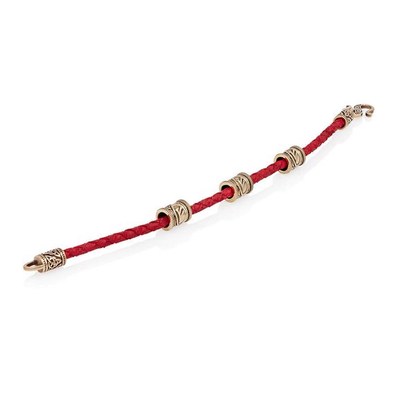 Браслет гайтан красный 3 мм с тремя рунами Феху Бронза, вид 3