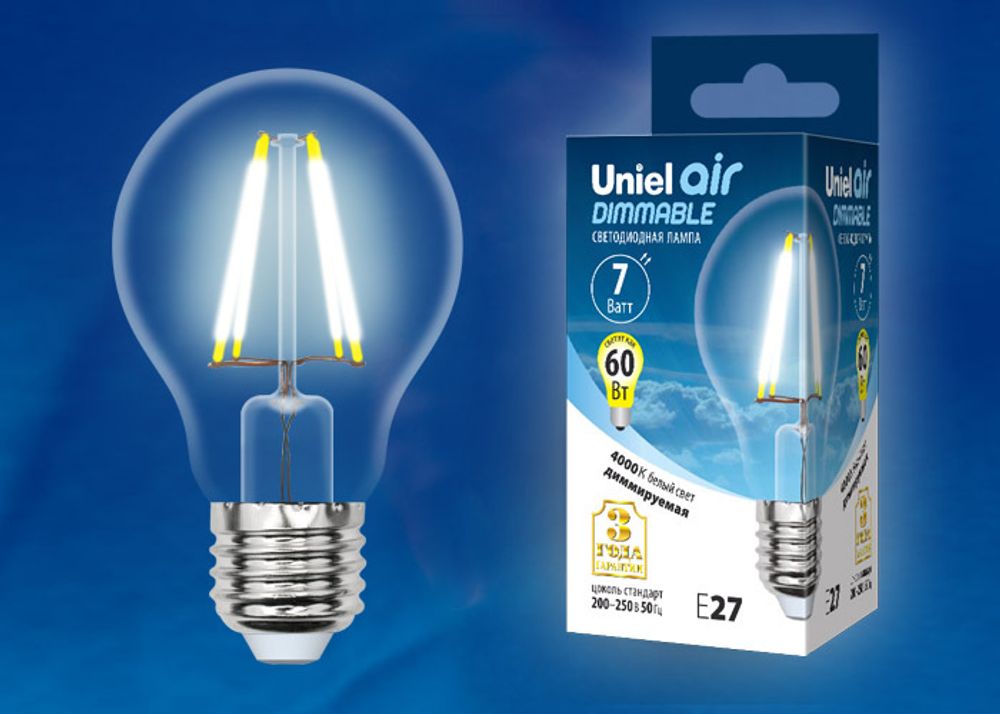 LED-A60-7W/NW/E27/CL/DIM GLA01TR Лампа светодиодная диммируемая. Форма A, прозрачная. Серия Air. Белый свет (4000K). Картон. ТМ Uniel