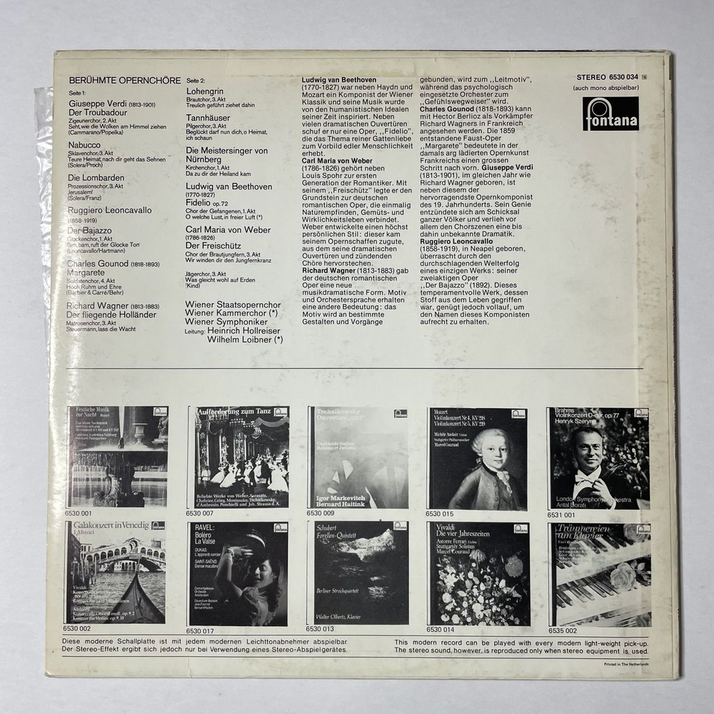Винтажная виниловая пластинка LP Verdi, Leoncavallo, Gounod, Wagner, Beethoven, Von Weber, Beruhmte Opernchore (Holland 1977)
