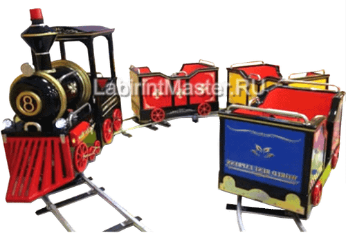 Рельсовый паровозик «Навстречу веселью», 3 вагона, 6 мест — для ТРЦ, с электродвигателем