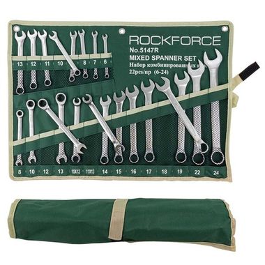 Набор ключей комбинированных универсальный 22пр,.комбинированные 16пр( 6-24мм)разрезные 2пр(10-12,11-13мм).трещоточные 4пр(8-13мм) на полотне RockForce##Rock FORCE RF-5147R