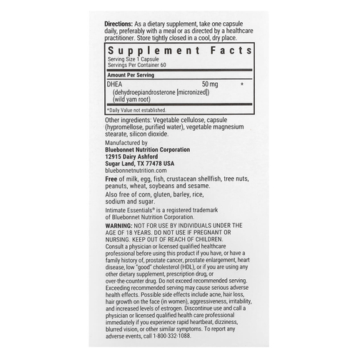 Bluebonnet Nutrition, Intimate Essentials®, ДГЭА, для мужчин и женщин, 50 мг, 60 растительных капсул