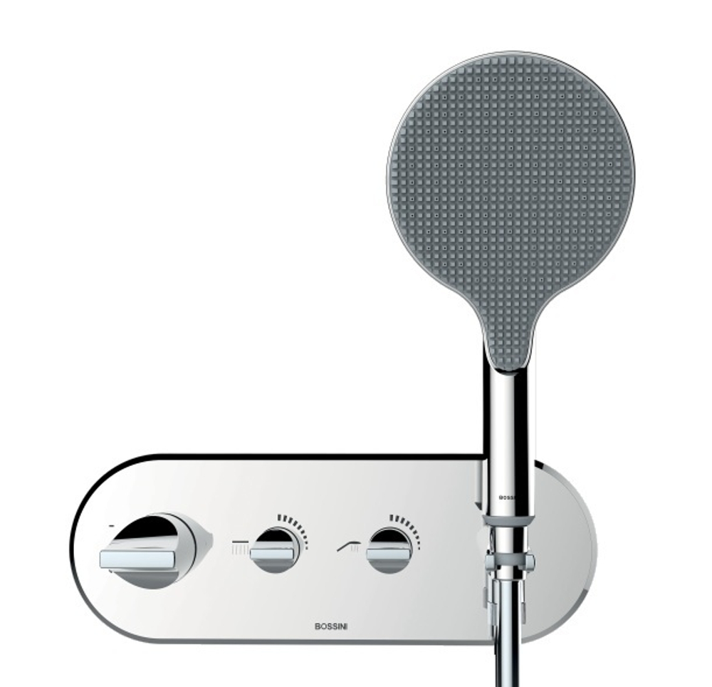 Bossini Apice термостат на 2 выхода, с двумя вентилями и регулировкой пропускной способности, душевая лейка Ø 140 мм с фиксированным держателем и шланг