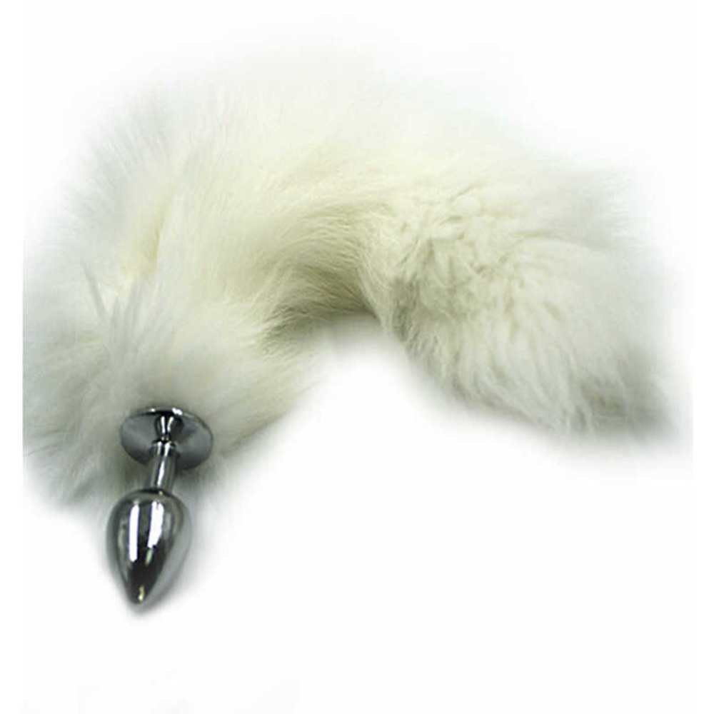 Анальная пробка из алюминия с хвостом из натурального меха ,размер S (Цвет: белый с серебряным)