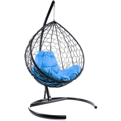 Подвесное кресло КАПЛЯ с ротангом чёрное, голубая подушка M-Group