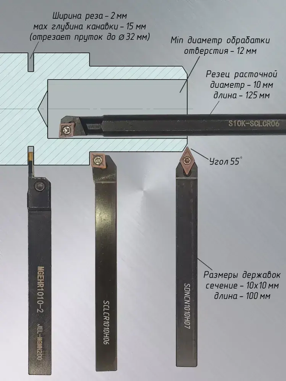 Резцы токарные 10х10 со сменными пластинами / Набор из 7 резцов по металлу