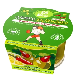 Оливки Халкидики с перчиком Пири-Пири в маринаде с прованскими травами 28Olives, 150 г, упаковка спереди