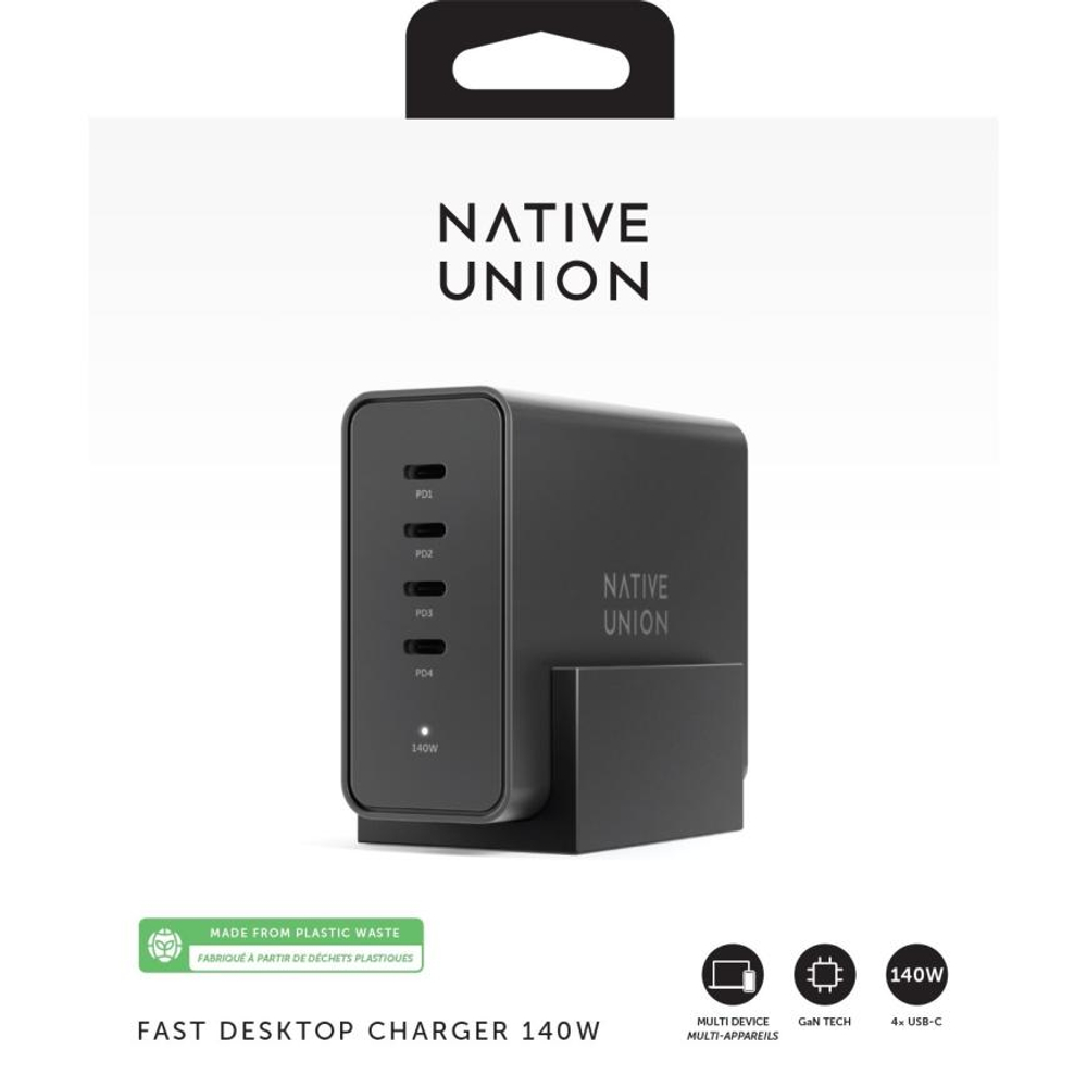 Сетевое зарядное устройство Native Union мощностью 140 Вт (4 USB-C) (GaN) Настольный многопортовый мощный адаптер питания. Есть поддержка PD 3.1