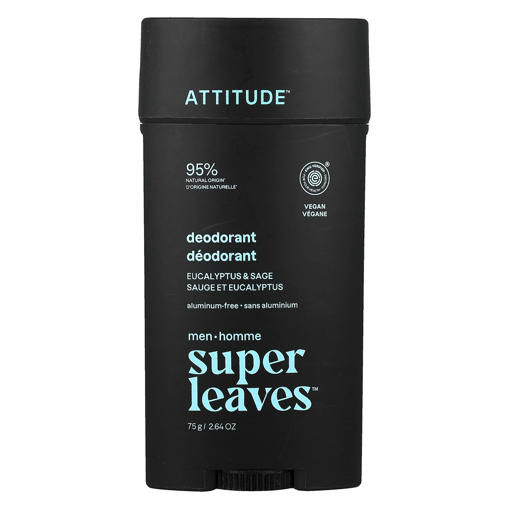 ATTITUDE, Super Leaves™, дезодорант без алюминия, для мужчин, эвкалипт и шалфей, 75 г (2,64 унции)