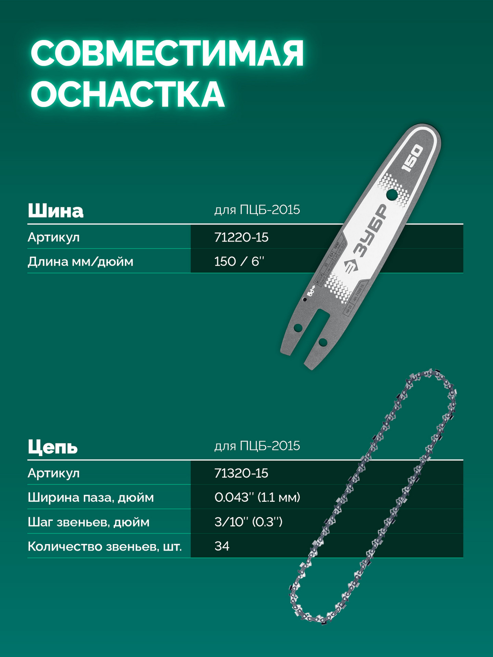 ЗУБР 20 В, 150 мм шина, без АКБ (LMS), мини-пила цепная аккумуляторная (ПЦБ-2015)