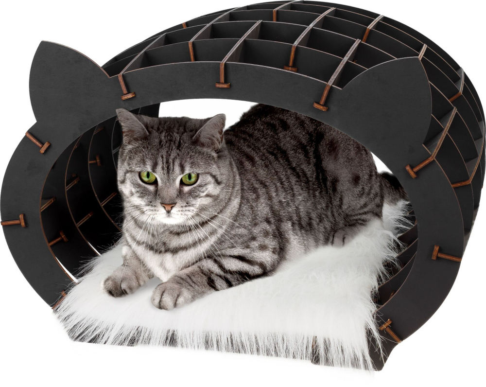 Домик для домашних животных, лежанка с мехом EWA "Кошкин дом" черный каркас белый мех