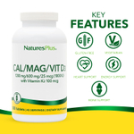 NaturesPlus, комплекс с кальцием, магнием, витаминами D3 и К2, 180 таблеток