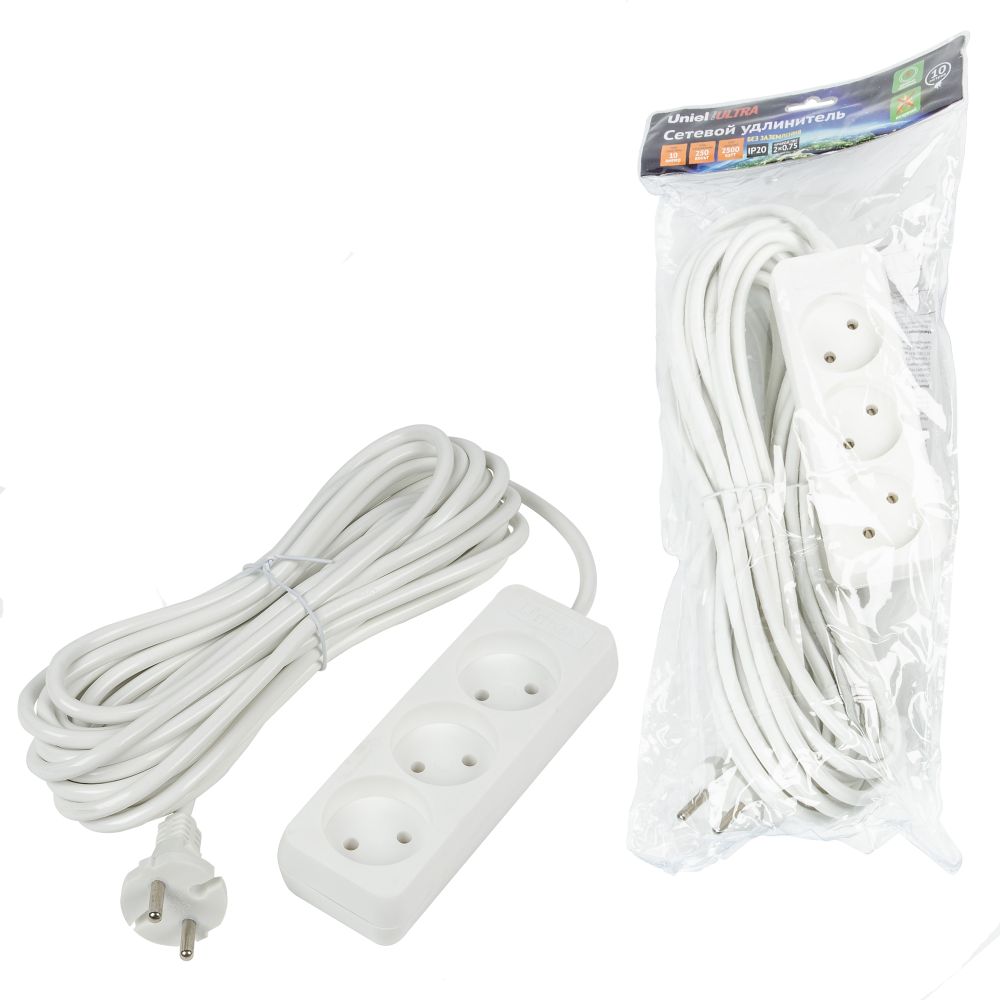 S-CU3-10 WHITE Удлинитель серии Ultra, шнур 10м., 3 гнезда, 10A, б/з. Белый. TM Uniel