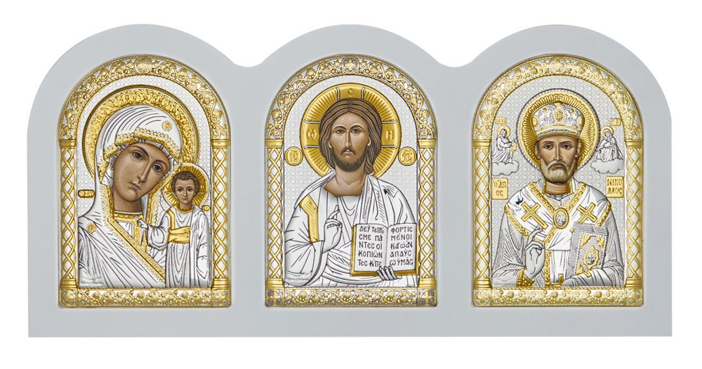 Триптих, Спаситель, Казанская БМ, Николай Чудотворец, икона, белое дерево 115х230