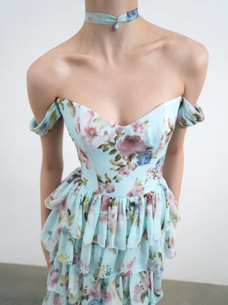 Лисен миди (Lisen midi), платье миди корсетное из голубого шифона с цветочным принтом