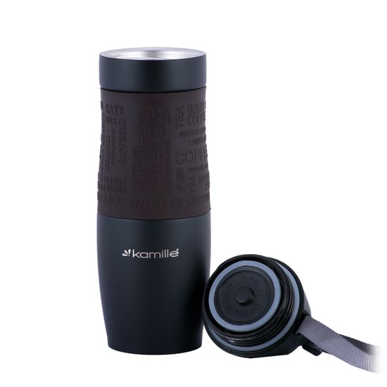 Термокружка 480 мл. из нержавеющей стали Kamille KM-2067 с TPR-вставкой и ремешком