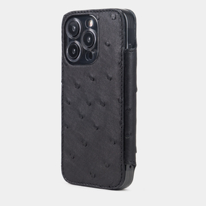 Чехол для iPhone 14 Pro Max из кожи страуса, черного цвета