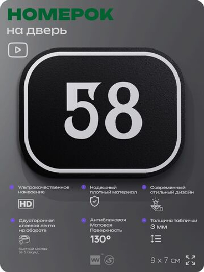 Номерок на дверь квартиры 58, для кабинета, офиса, шильдик 9 х 7 см, черный, Айдентика Технолоджи
