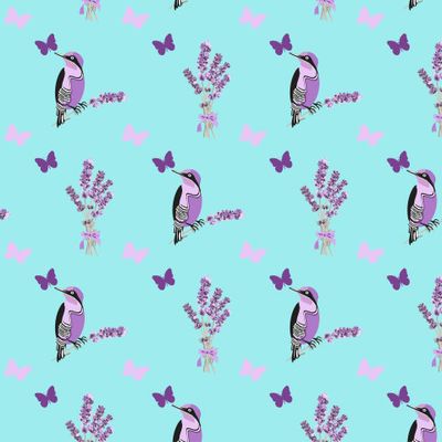 Птички с лавандой и бабочками на бирюзовом фоне