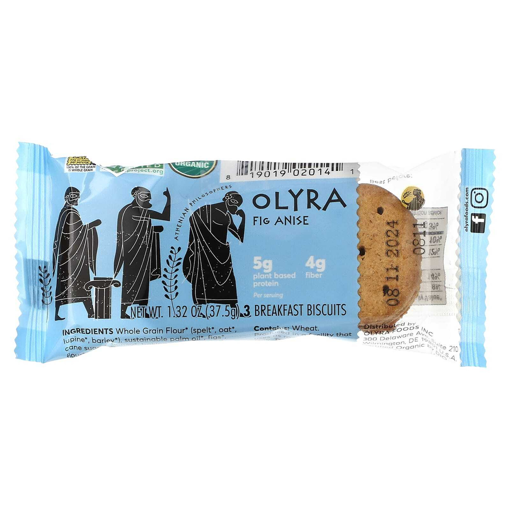 Olyra, органическое печенье для завтрака, инжирный анис, 4 упаковки по 37,5 г (1,32 унции)