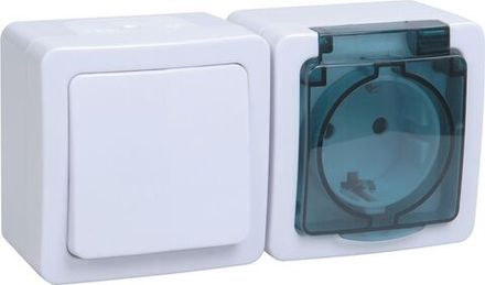 Блок ОП выключатель 1-кл. и розетка с заземл. контактом и крышкой для открытой установки бел. клавиша/дымчатая крышка БГб-22-31-ГПБд IP54 ГЕРМЕС PLUS IEK EBGMP20-K03-31-54-EC