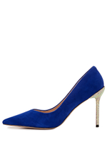 Женские замшевые синие туфли на каблуке со стразами