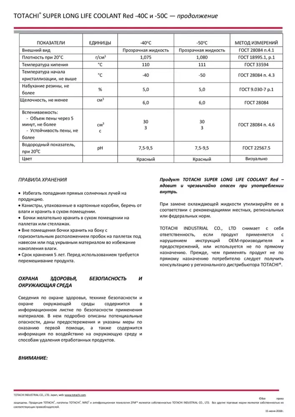 Антифриз красный TOTACHI SUPER LONG LIFE COOLANT Red -50C 4л